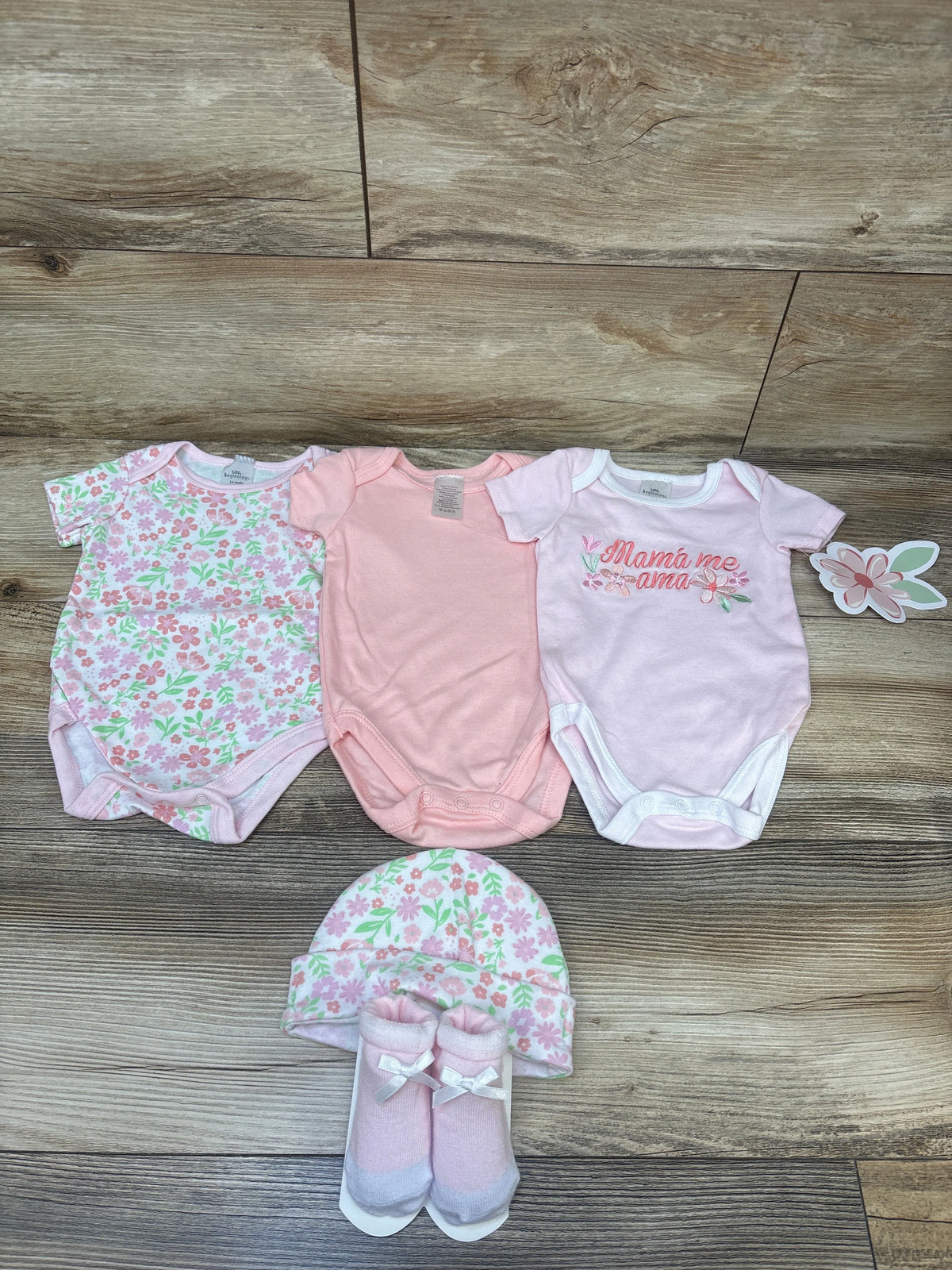 NEW Little Beginnings 5pc Bodysuit, Hat, & Booties Set Pink sz 3-6m