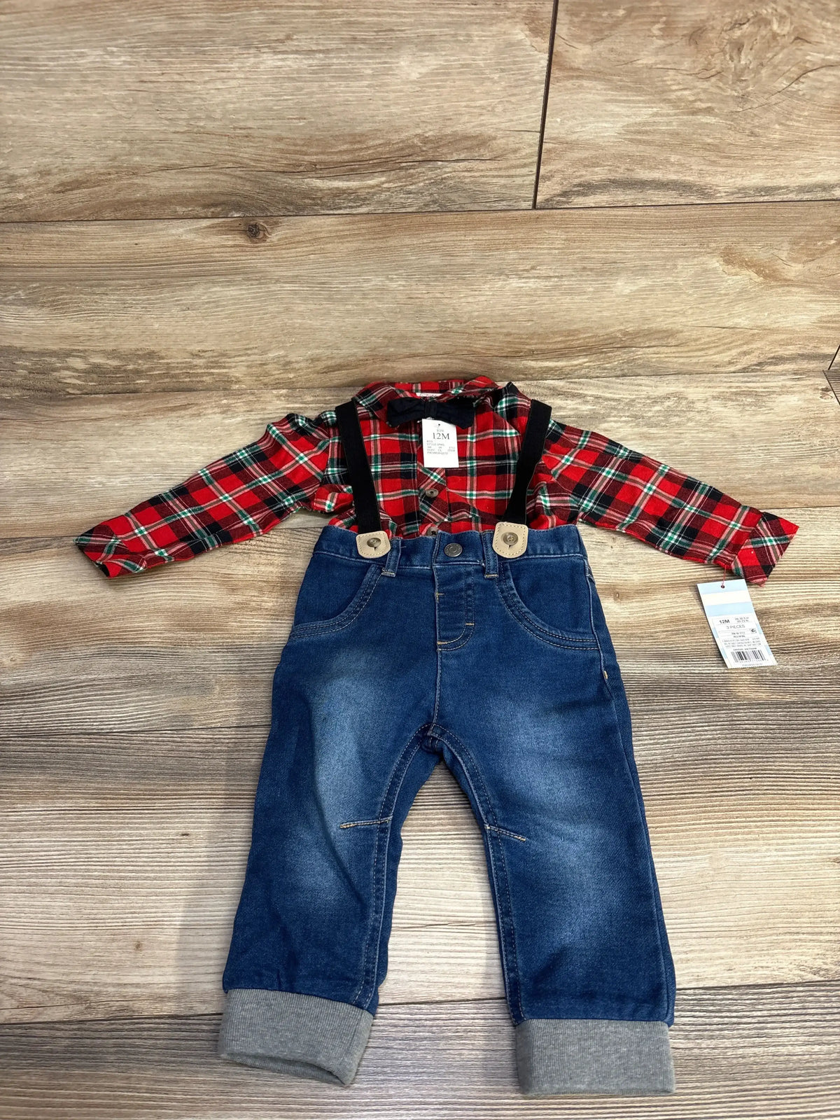Red plaid baby boy outfit with denim suspenders, size 12M, perfect for holiday photos or everyday wear.
