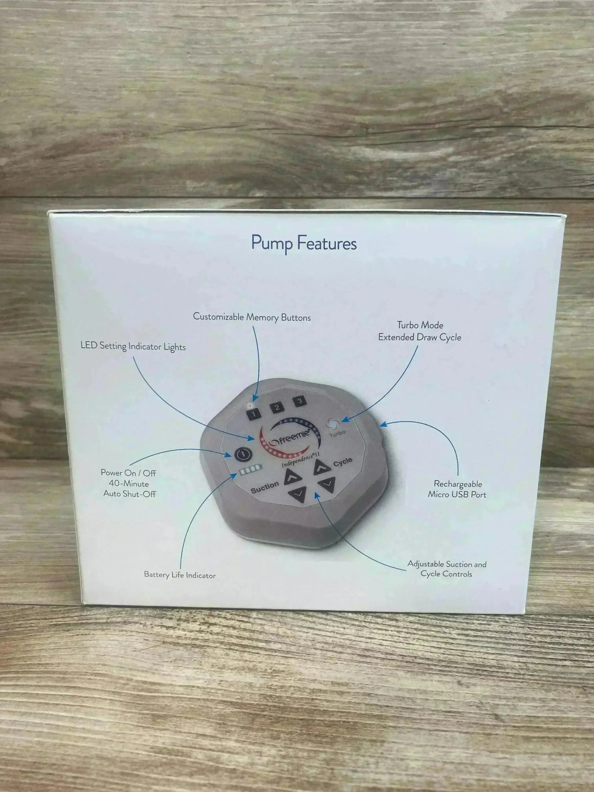 Front of Freemie Independence II breast pump box showing Pump Features diagram and control unit on wood background