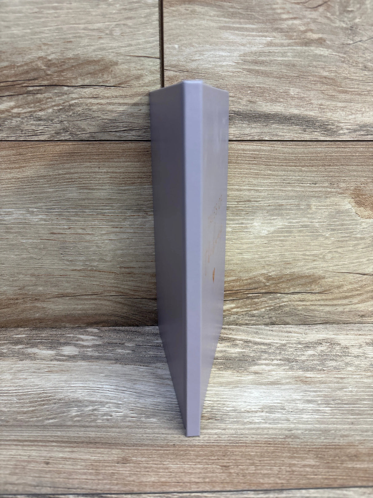Gray book standing upright on a wooden floor with a wood paneled wall background