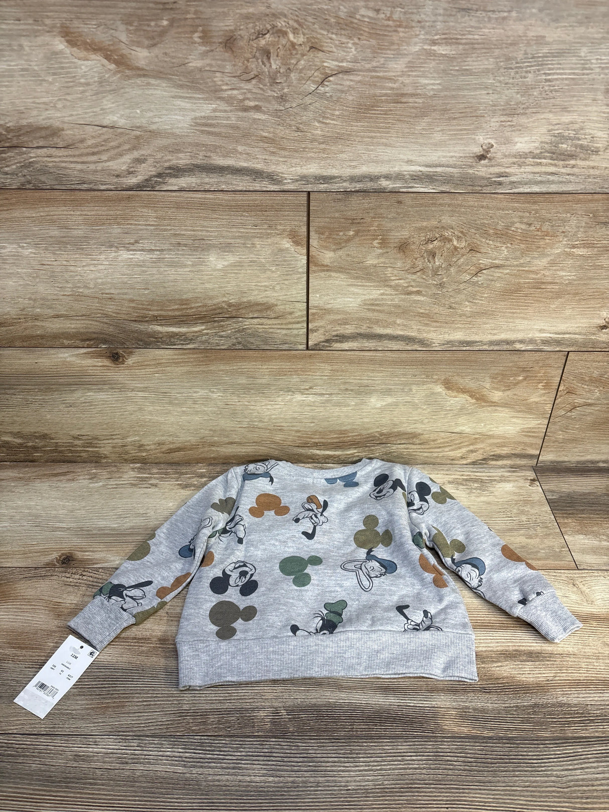 Gray long sleeve toddler sweatshirt with cartoon mouse faces and colorful silhouettes on wood background