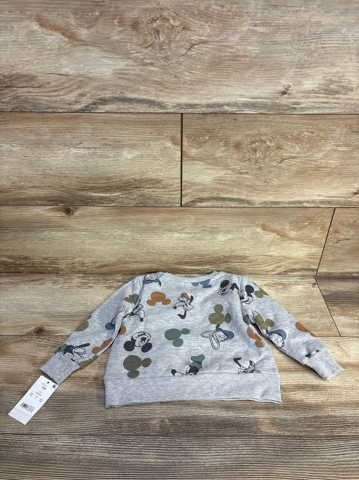 Gray long sleeve toddler sweatshirt with cartoon mouse faces and colorful silhouettes on wood background