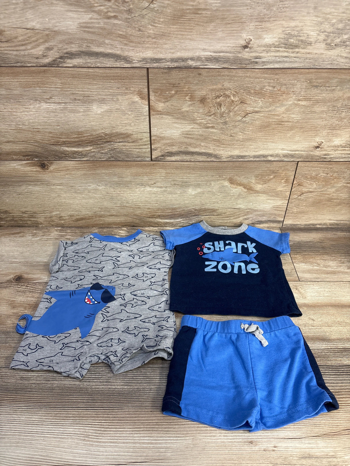 Shark Zone 3pc Romper, Shirt, & Shorts Set Blue sz 3/6m