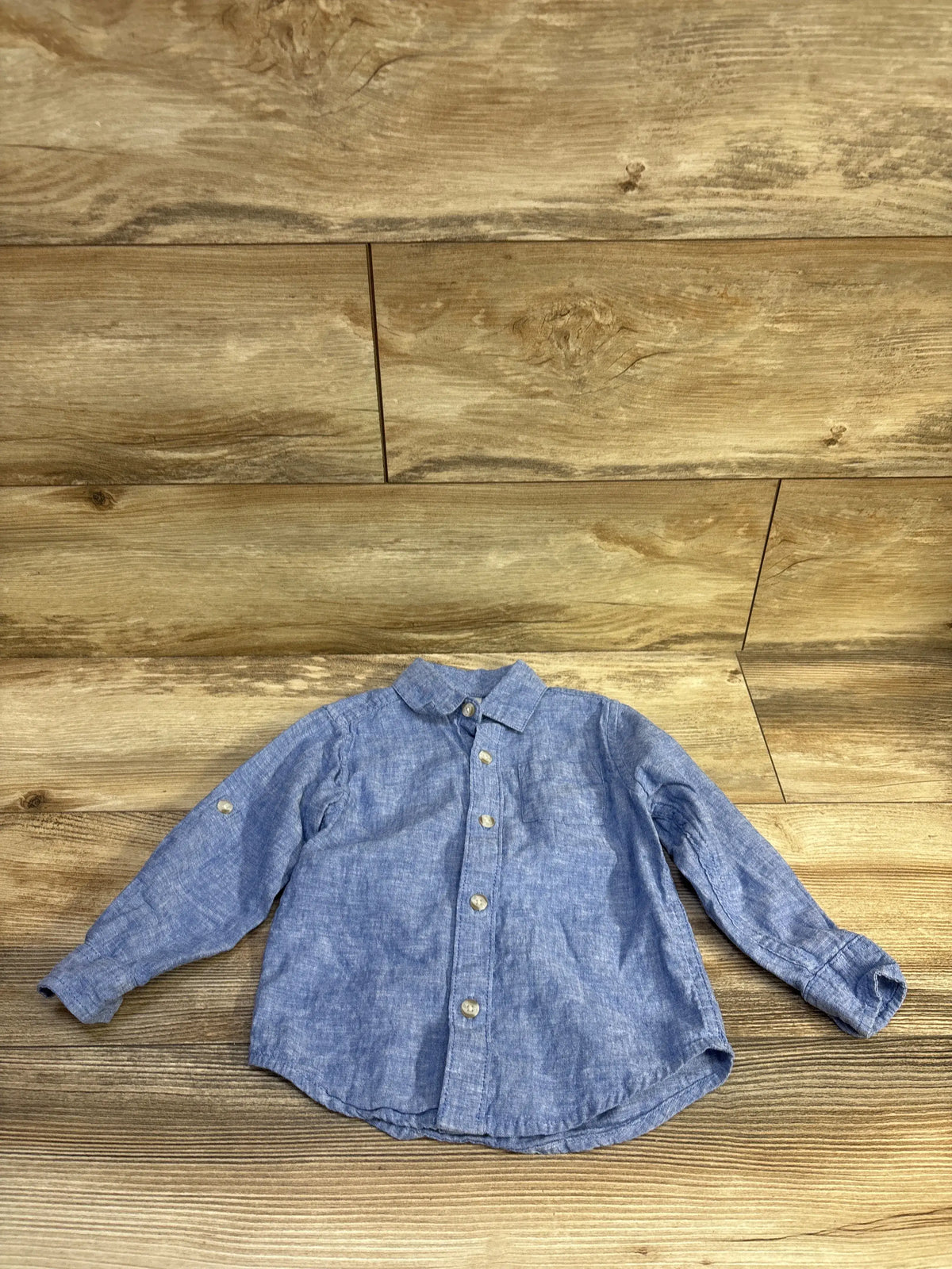 Blue Gymboree button up shirt for toddlers size 2T on a rustic wooden background