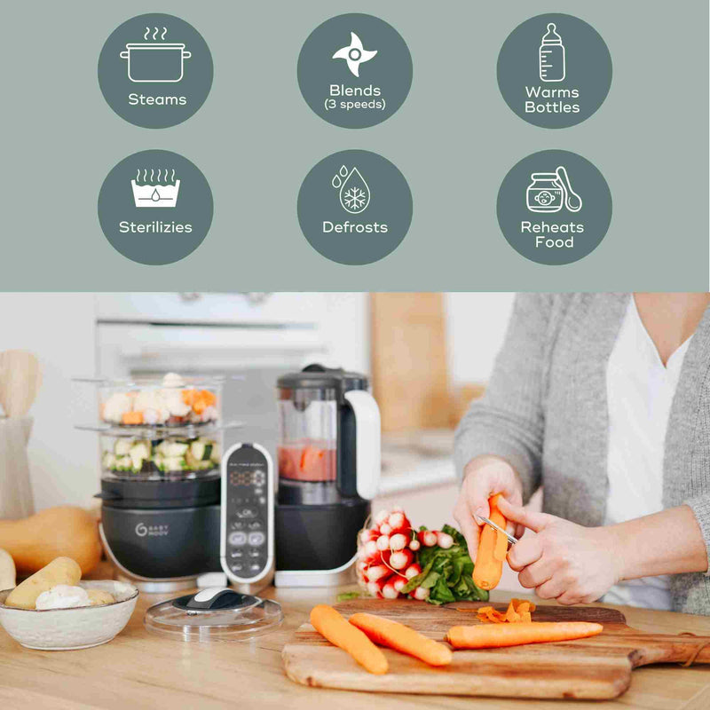 Person peeling carrots beside Babycook processor in kitchen, food prep and appliance icons above