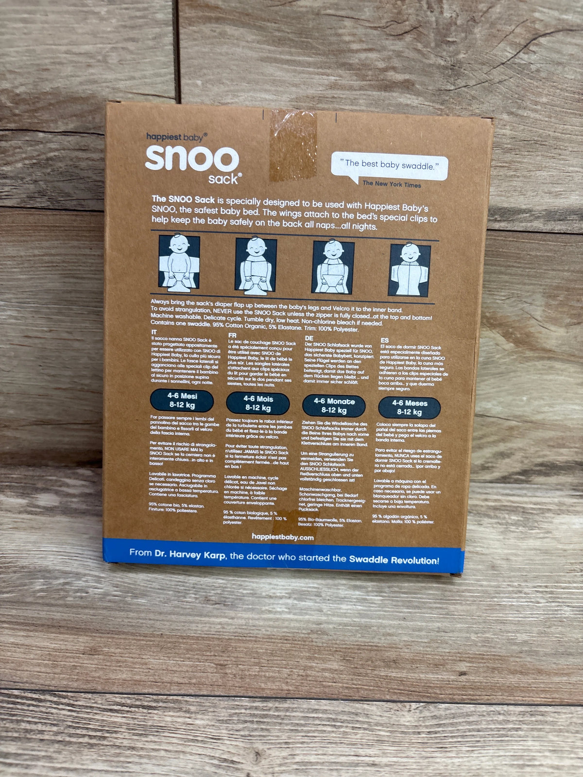 Packaging for a Me n Mommy To Be Happiest Baby SNOO Sack sleep sack with size and care instructions.