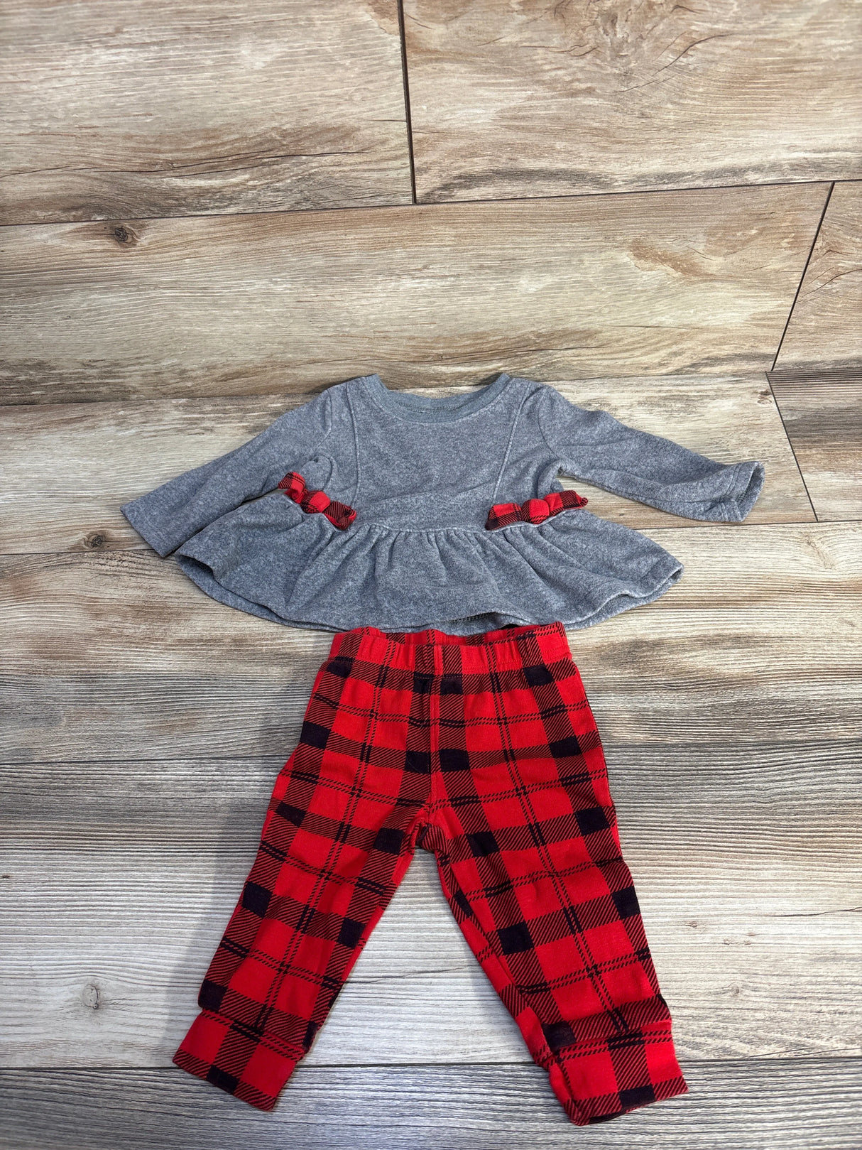 Carter's 2pc Fleece Peplum Top & Buffalo Print Pants Grey sz 6m