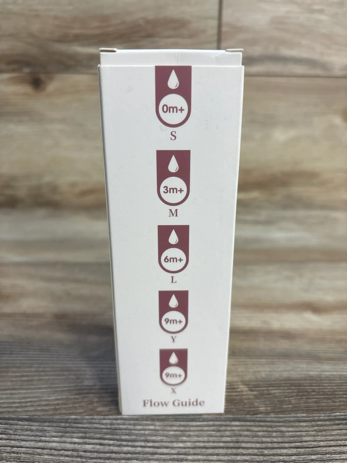 Side of Gotocut anti-colic nipples box showing vertical flow guide icons labeled 0m+, 3m+, 6m+, and 9m+ on a wood background
