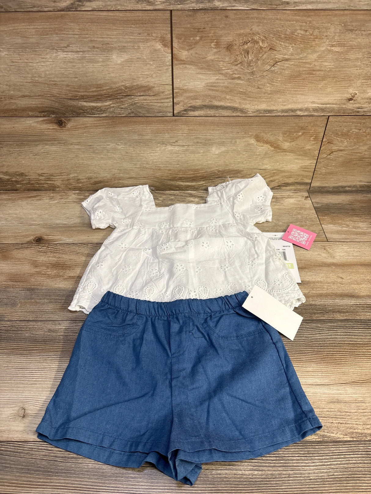 NEW Rare Editions 2pc Eyelet Top & Chambray Shorts Set White sz 4T
