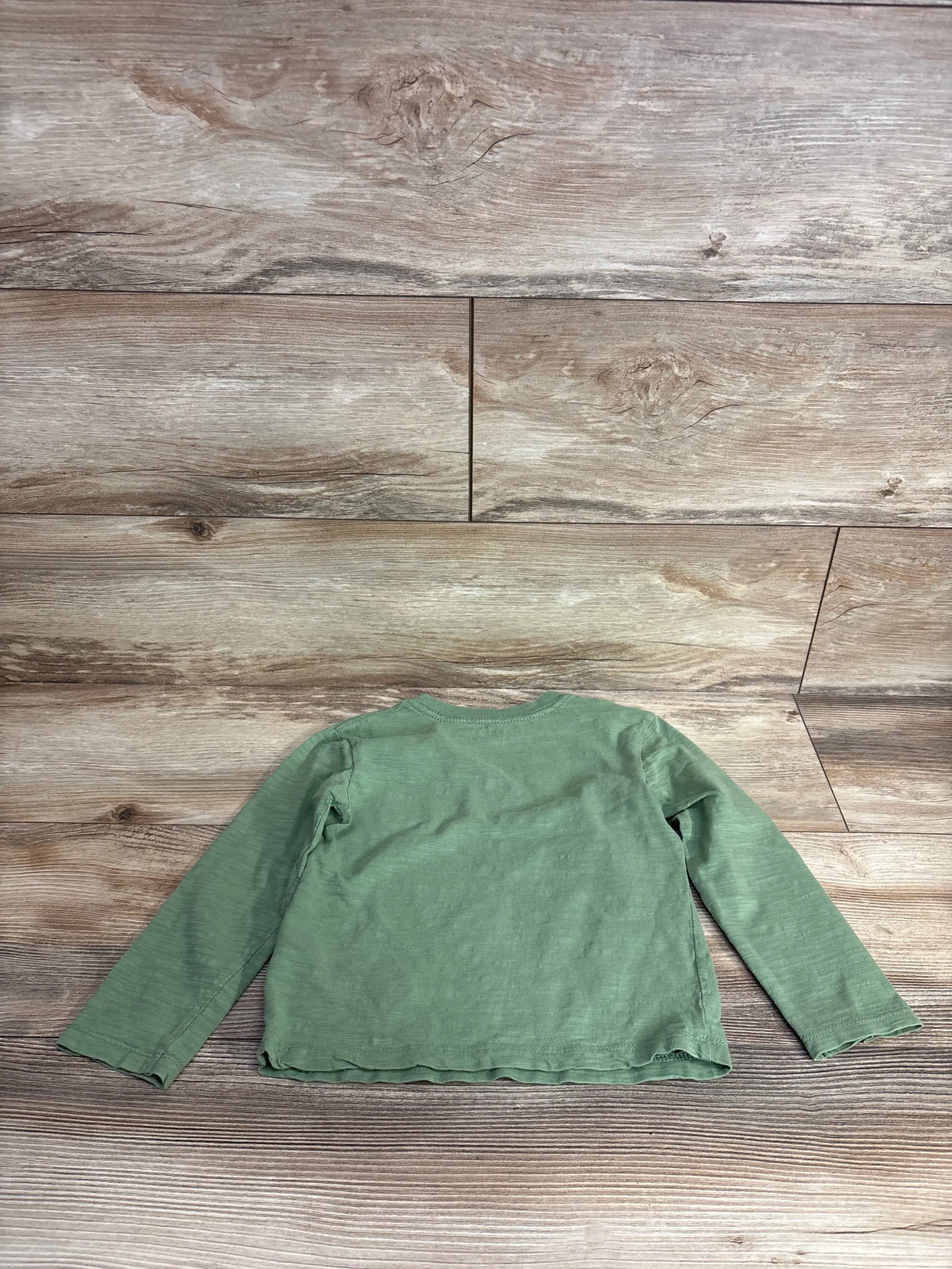 Back view of Little Me green long-sleeve toddler shirt size 4T showing plain knit back laid flat on wood floor