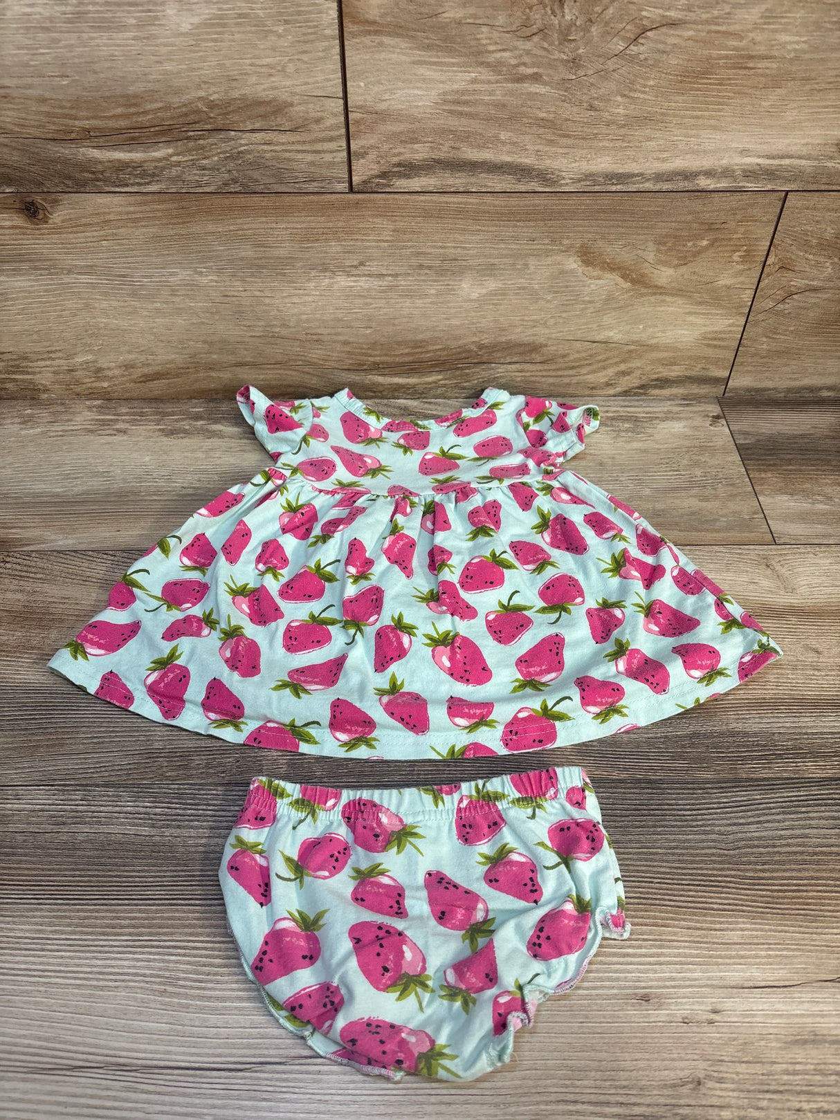Baby Essentials Strawberry Print 2pc Dress & Bloomers Blue sz 12m