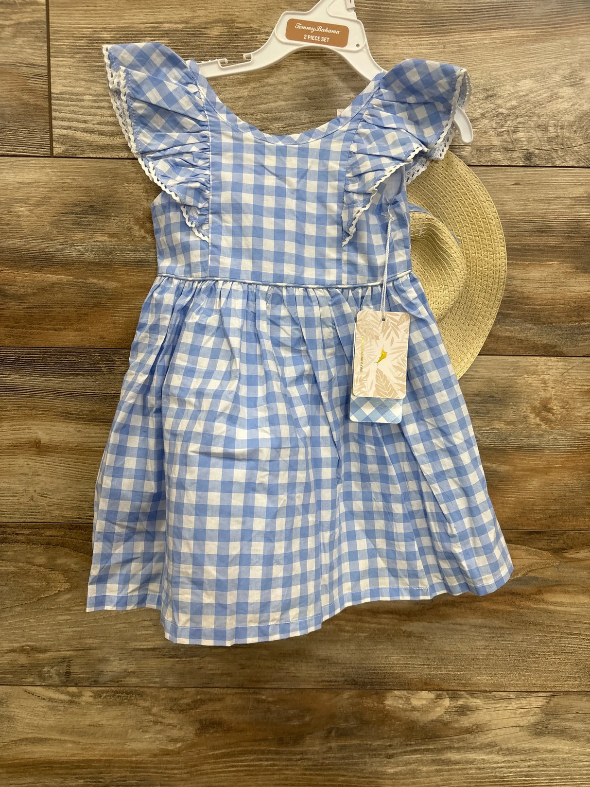 NEW Tommy Bahama 2pc Gingham Dress & Straw Hat Set Blue sz 2T