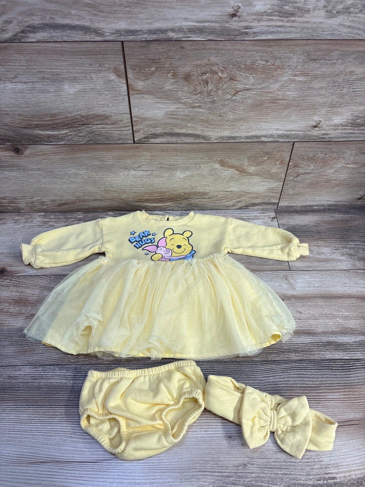 Disney Baby 3pc Winnie the Pooh yellow sweatshirt dress, bloomers, and headband set