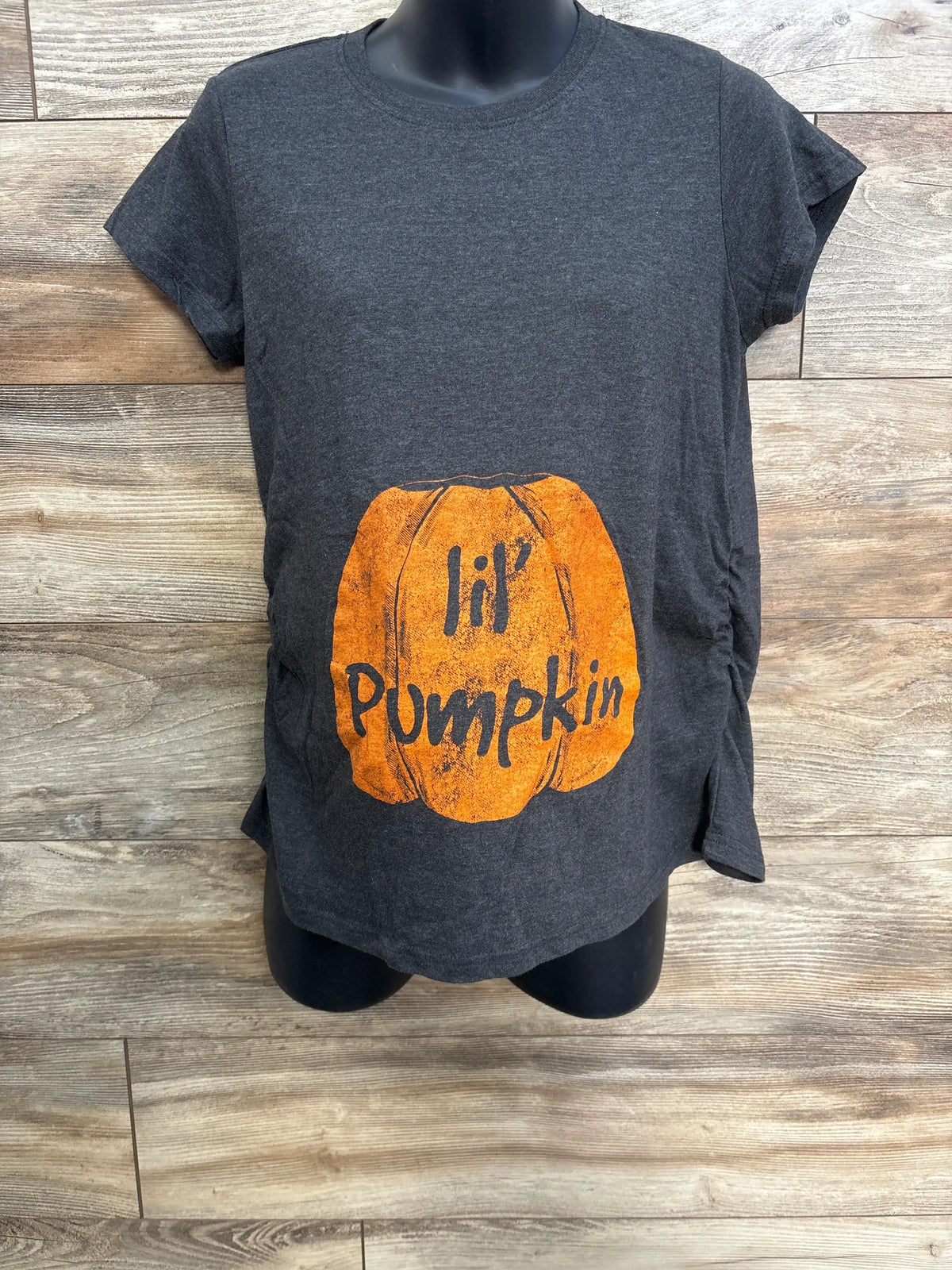 Grey Crazy Dog maternity t-shirt featuring an orange pumpkin graphic with 'lil' Pumpkin' text.