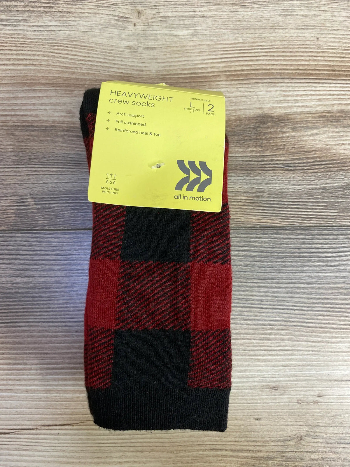 Heavyweight crew socks in red and black plaid pattern with arch support and moisture wicking, 2 pack
