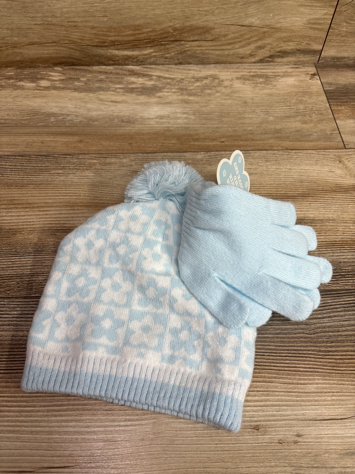 NEW 2pc Pom-Pom Beanie & Gloves Set Blue OSFM