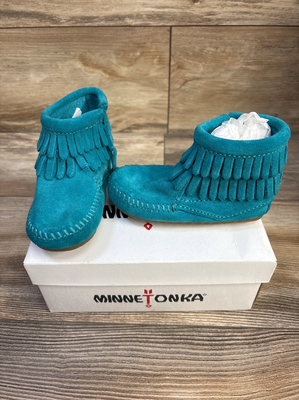 NEW MinneTonka Double Fringe Side Zip Booties Turquoise sz 5c