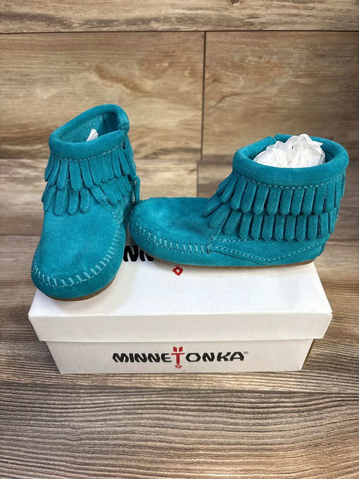 NEW MinneTonka Double Fringe Side Zip Booties Turquoise sz 5c