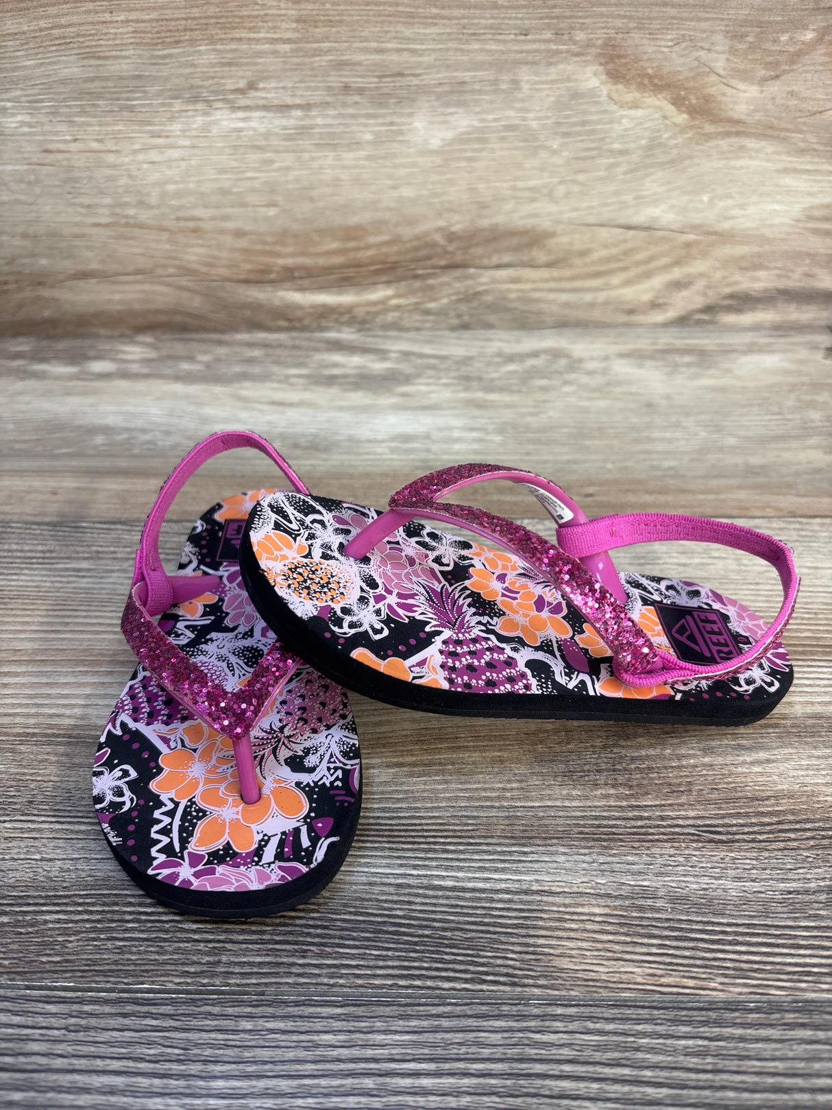 Reef Little Stargazer Pineapple FLoral Flip Flops Pink sz 9c