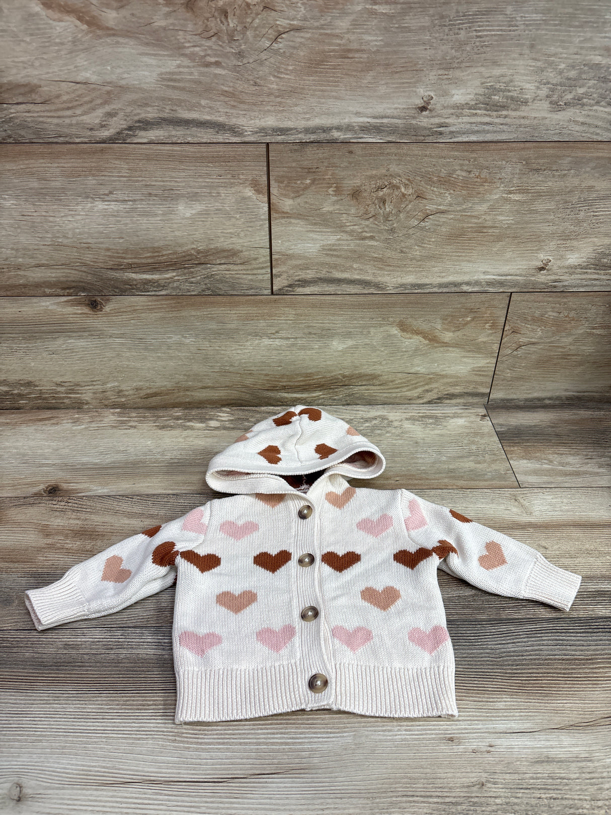 Old Navy Heart Print Hooded Button-Front Cardigan Ivory sz 3-6m
