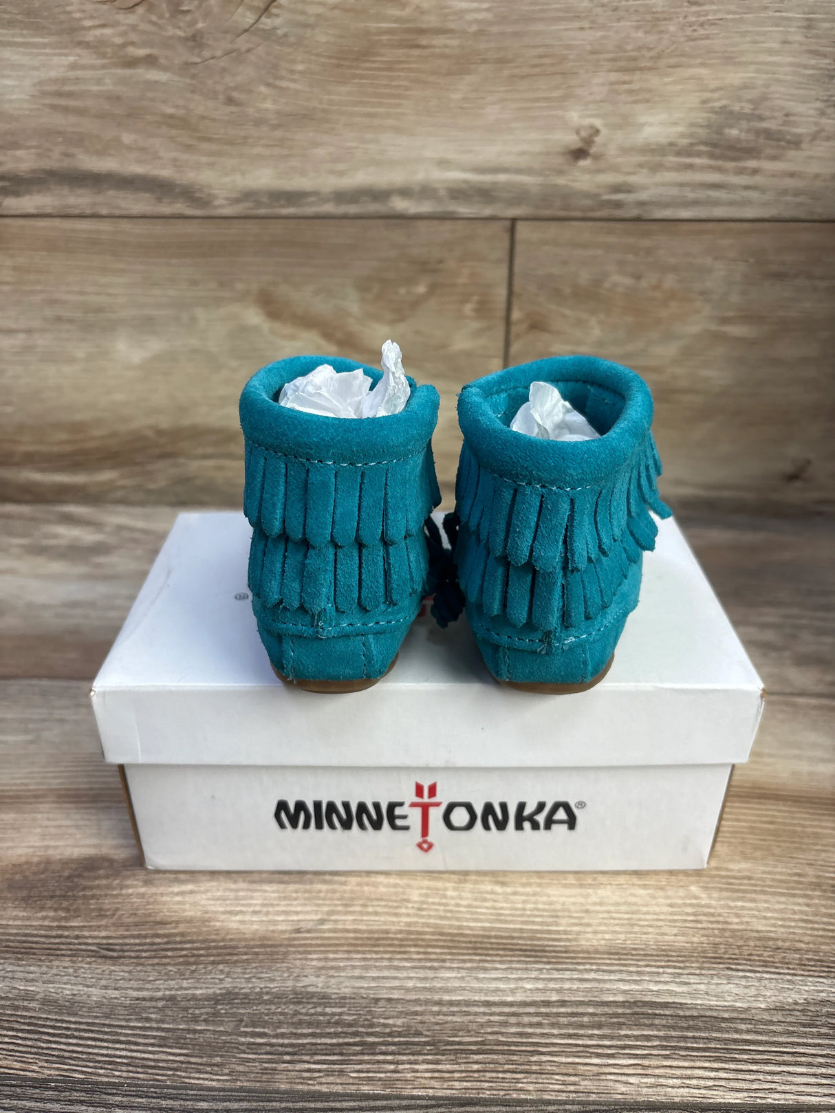 NEW MinneTonka Double Fringe Side Zip Booties Turquoise sz 5c