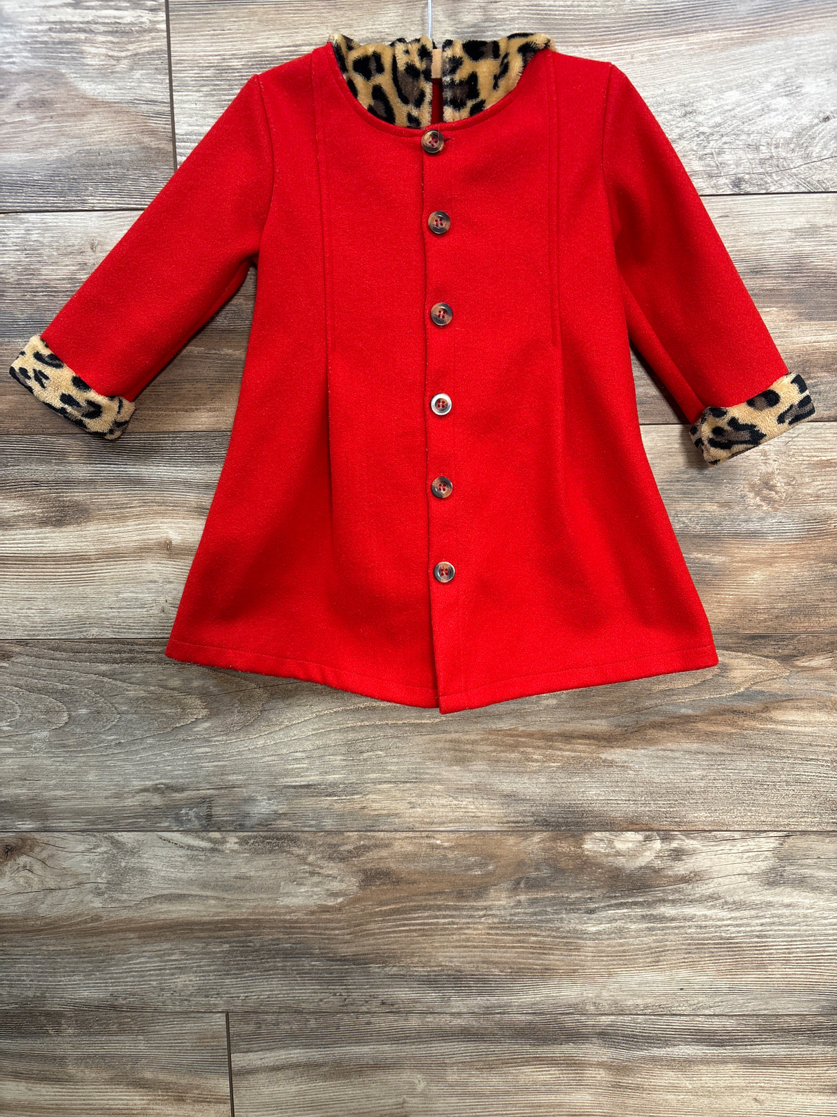 Shein Leopard Print Trim Hooded Pea Coat Red sz 4T