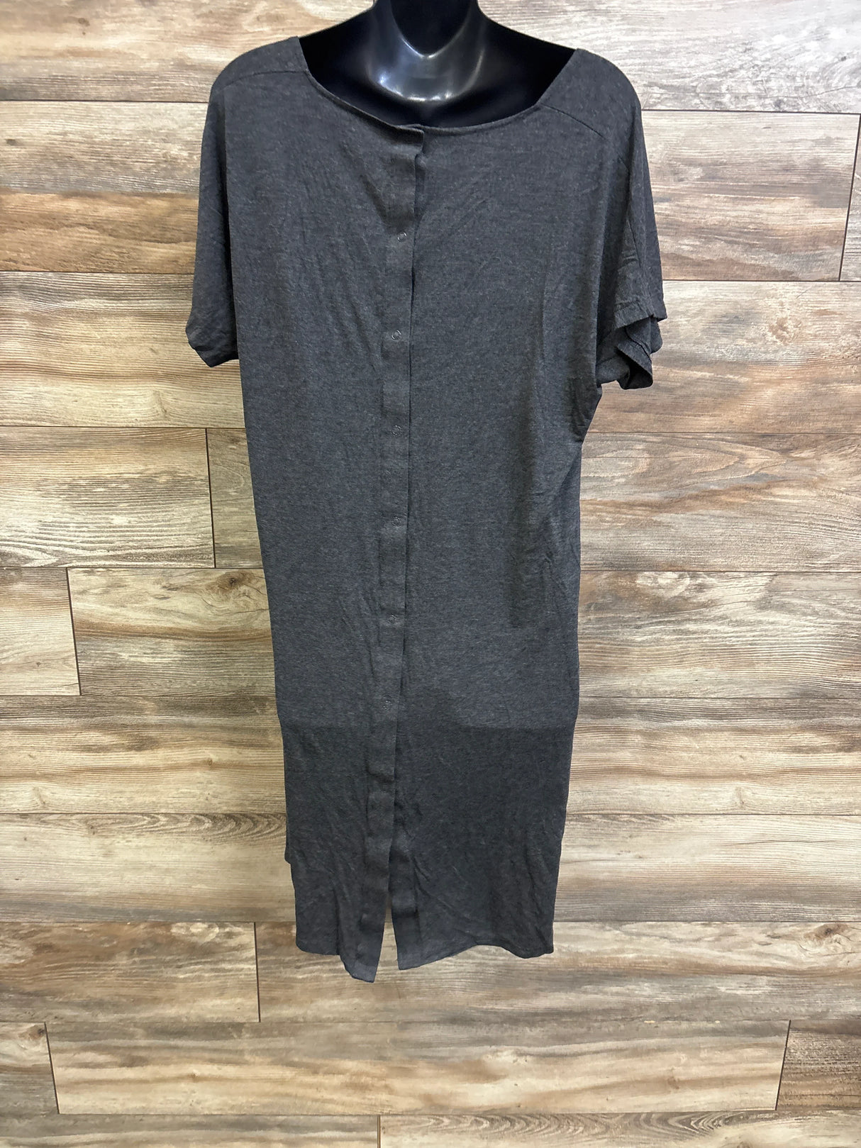 Front view of Frida delivery and nursing gown, grey, showing center-front button closure and short sleeves on black mannequin
