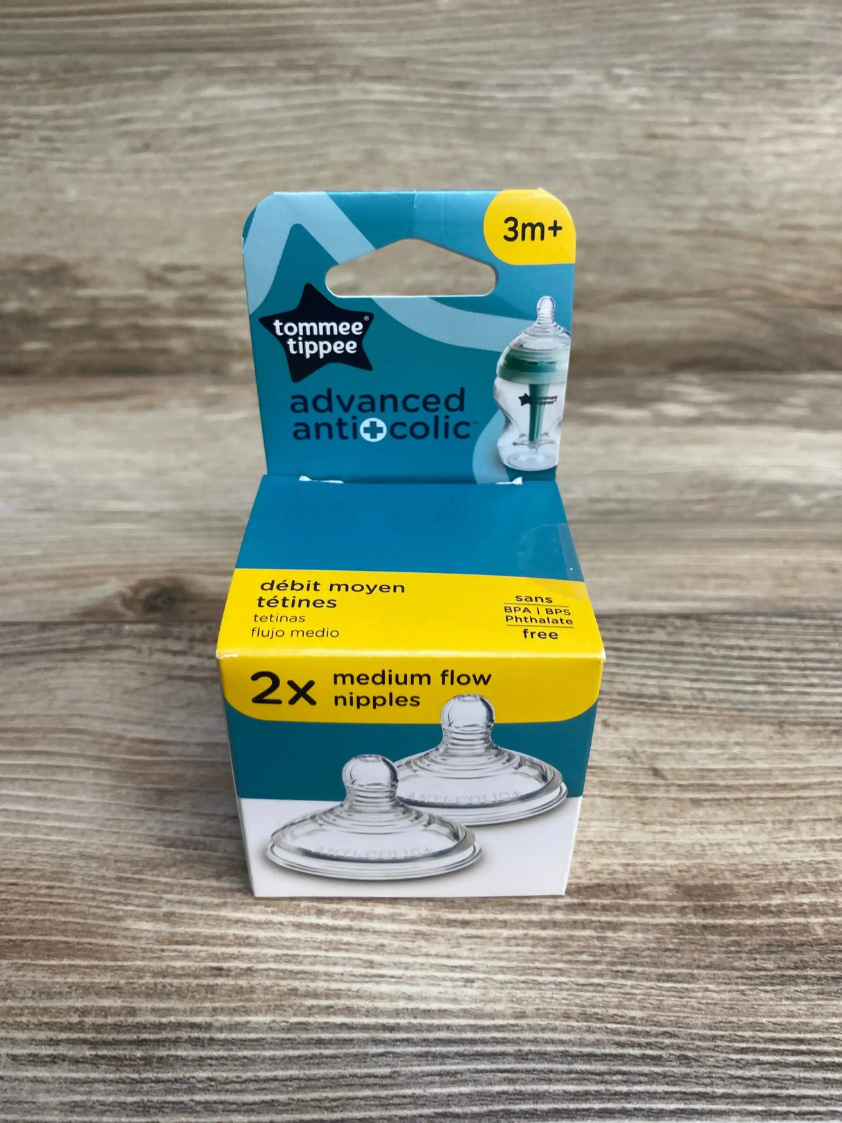 Front view of Tommee Tippee Advanced Anti Colic baby bottle nipples 2 pack showcasing vented anti colic valve and soft silicone nipple on white background