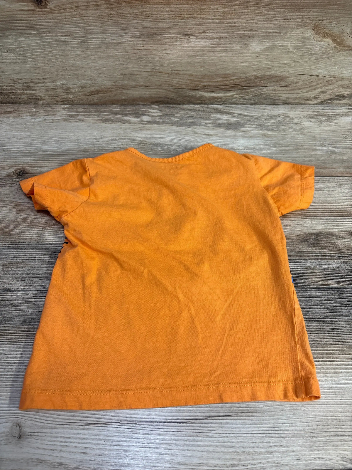 Back view of orange DKNY Henley shirt (3T) showing short sleeves and crew neckline laid flat on wood background