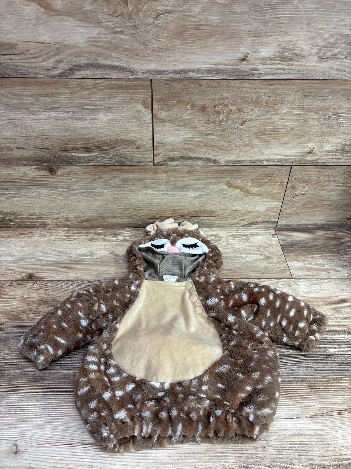 Front view of Hyde and Eek! Baby Fawn Costume showcasing antlered hood, spotted brown fleece, and tan belly panel