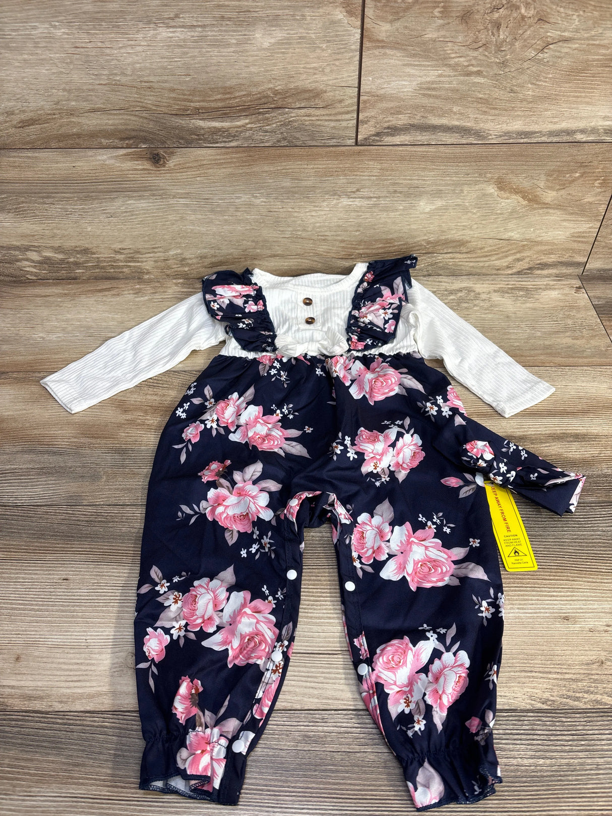 NEW Shein Long Sleeve Romper + Headband 2pc Set Navy sz 12-18m