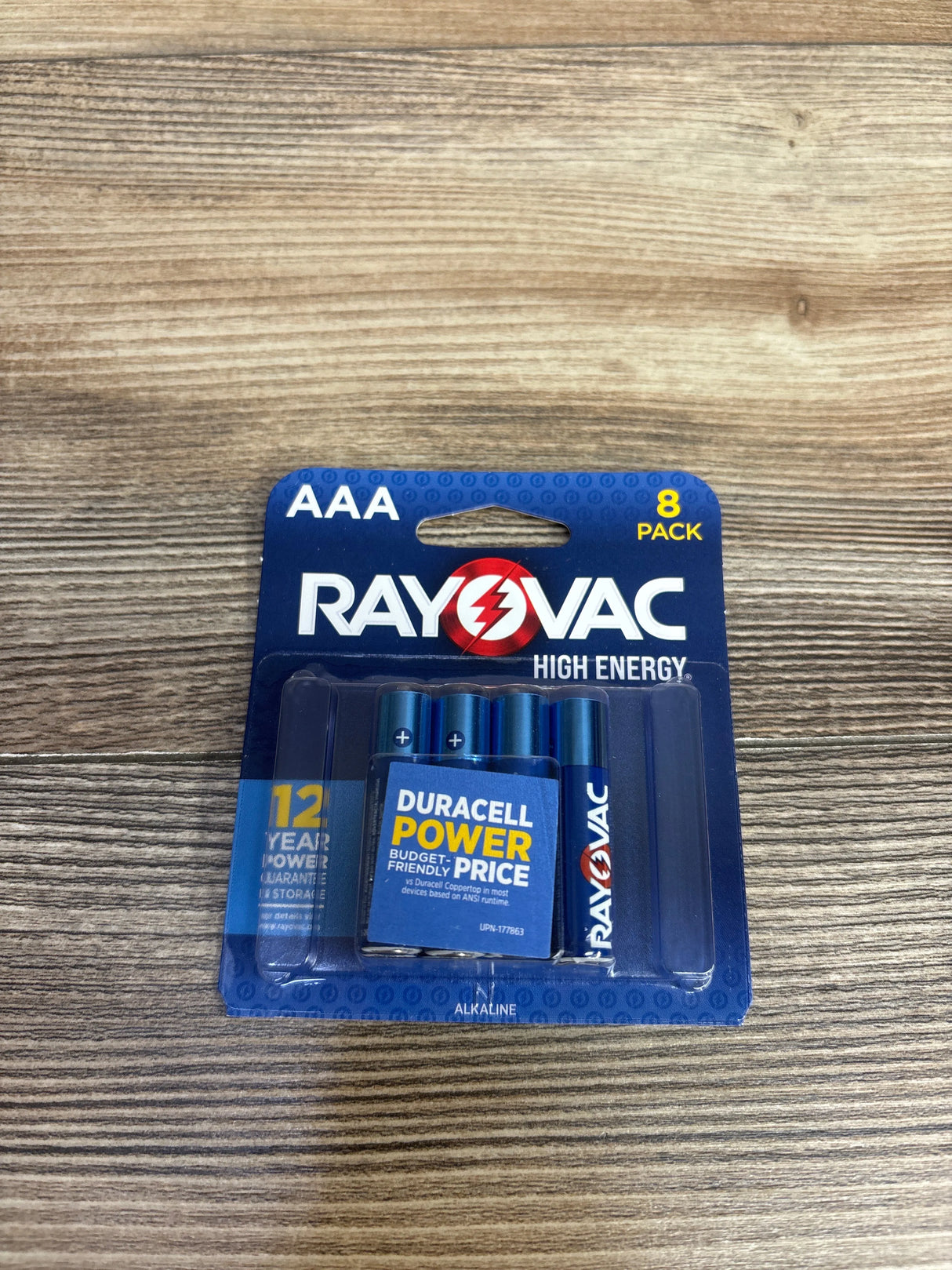 Rayovac AAA high energy alkaline batteries 8 pack on wooden surface