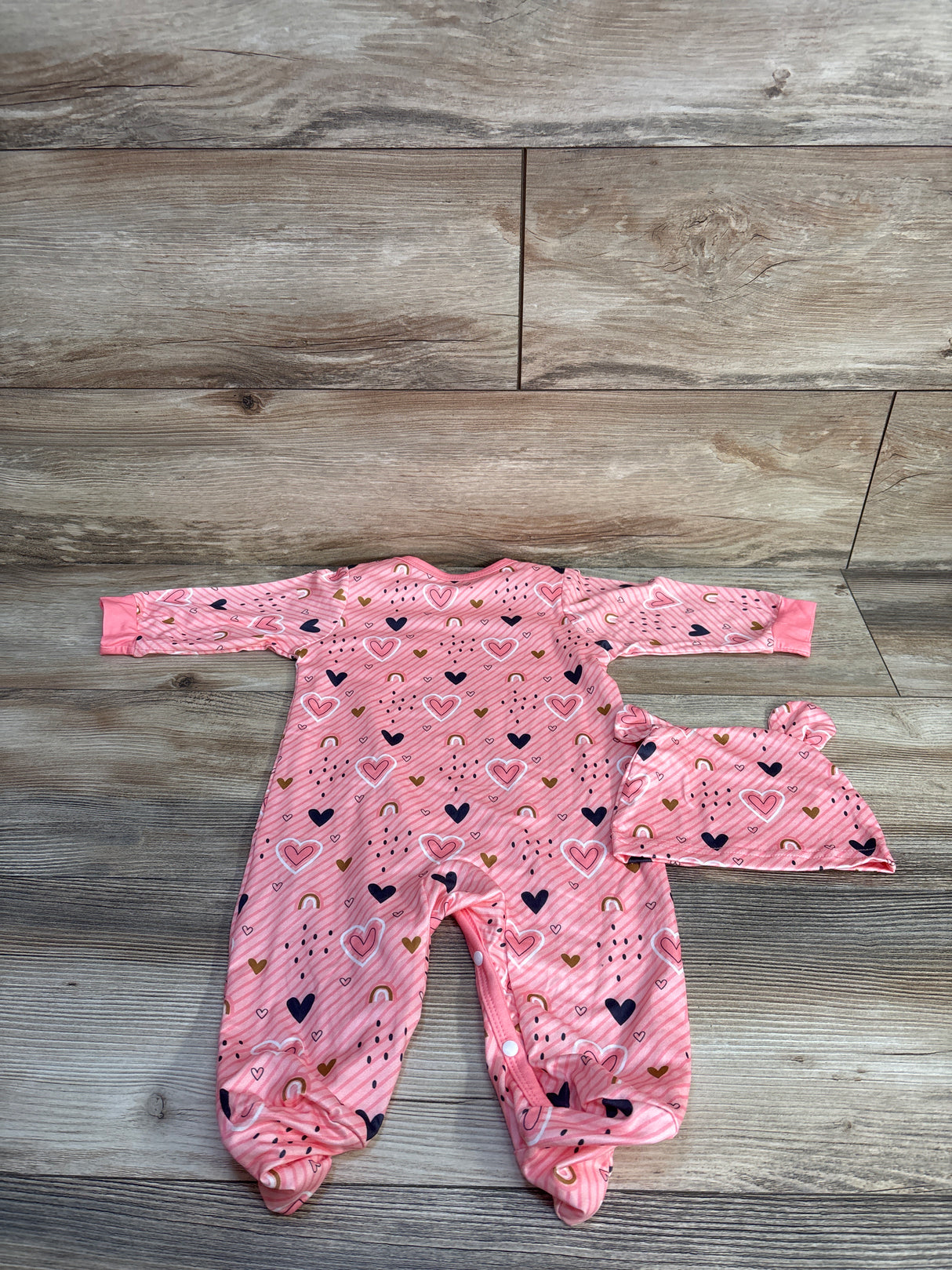 2pc Heart Print Footed Coverall & Hat Set Pink sz 6-9m