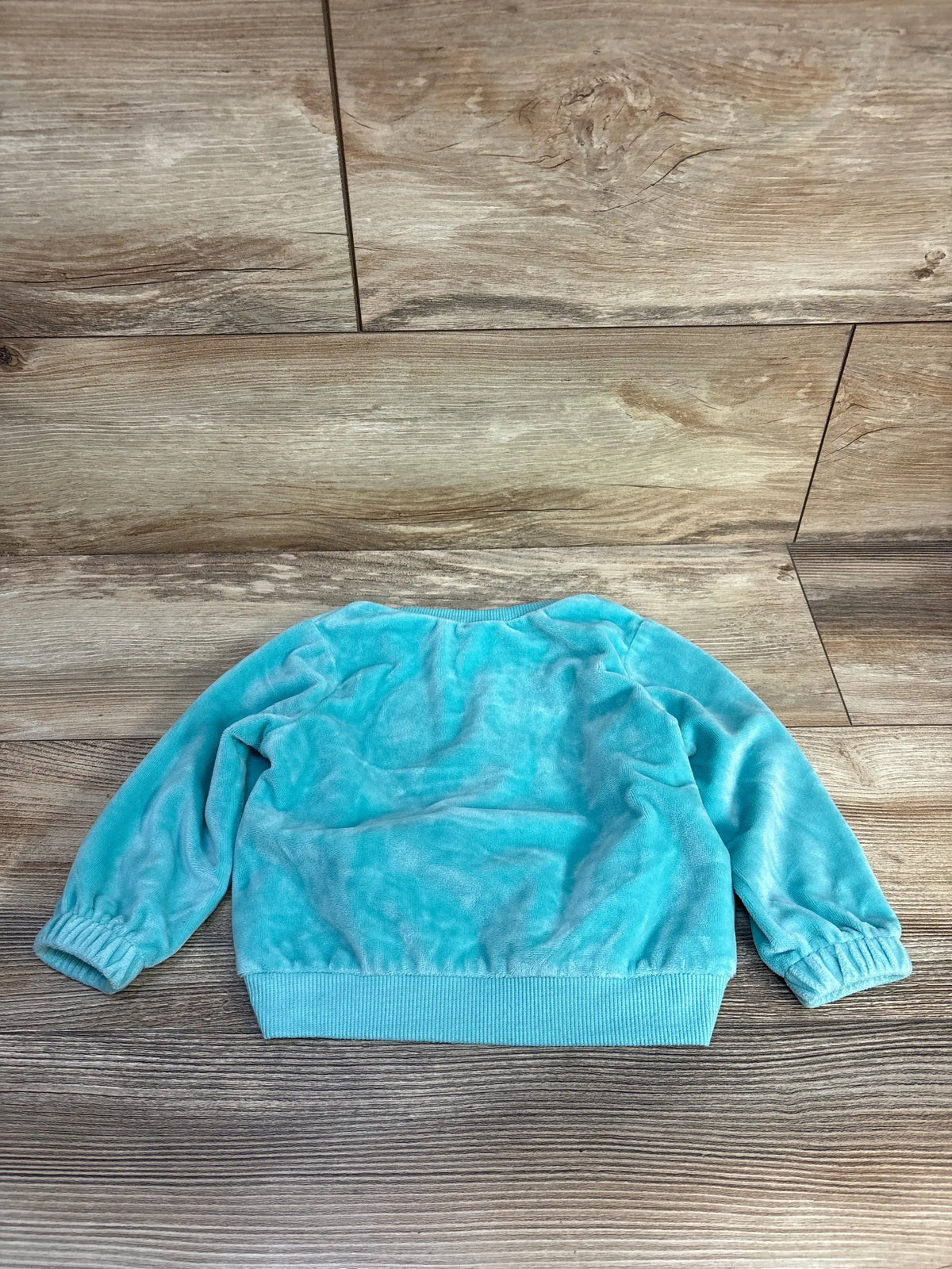 Front view of Disney Princess teal sweatshirt showcasing ribbed cuffs and hem with wood-look floor background