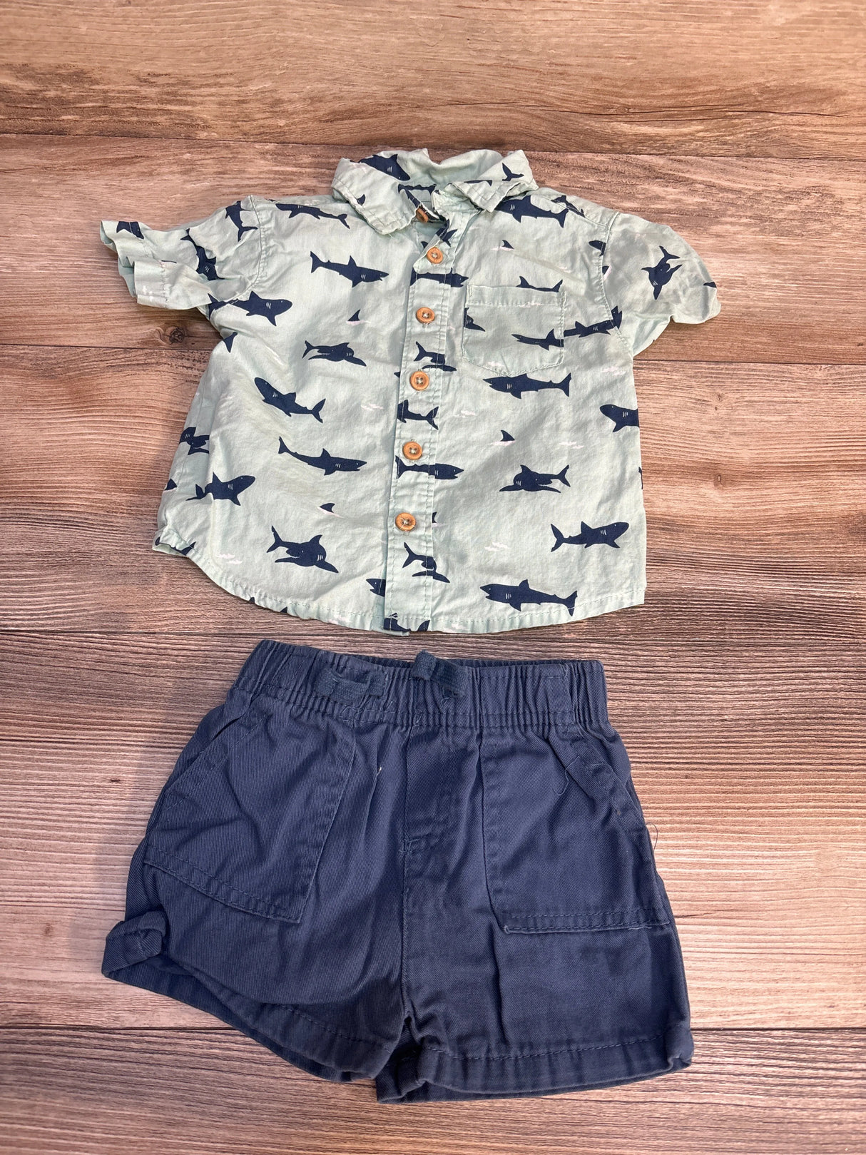 Al & Ray 2pc Shark Print Button-Up Shirt & Shorts Set Green sz 12m