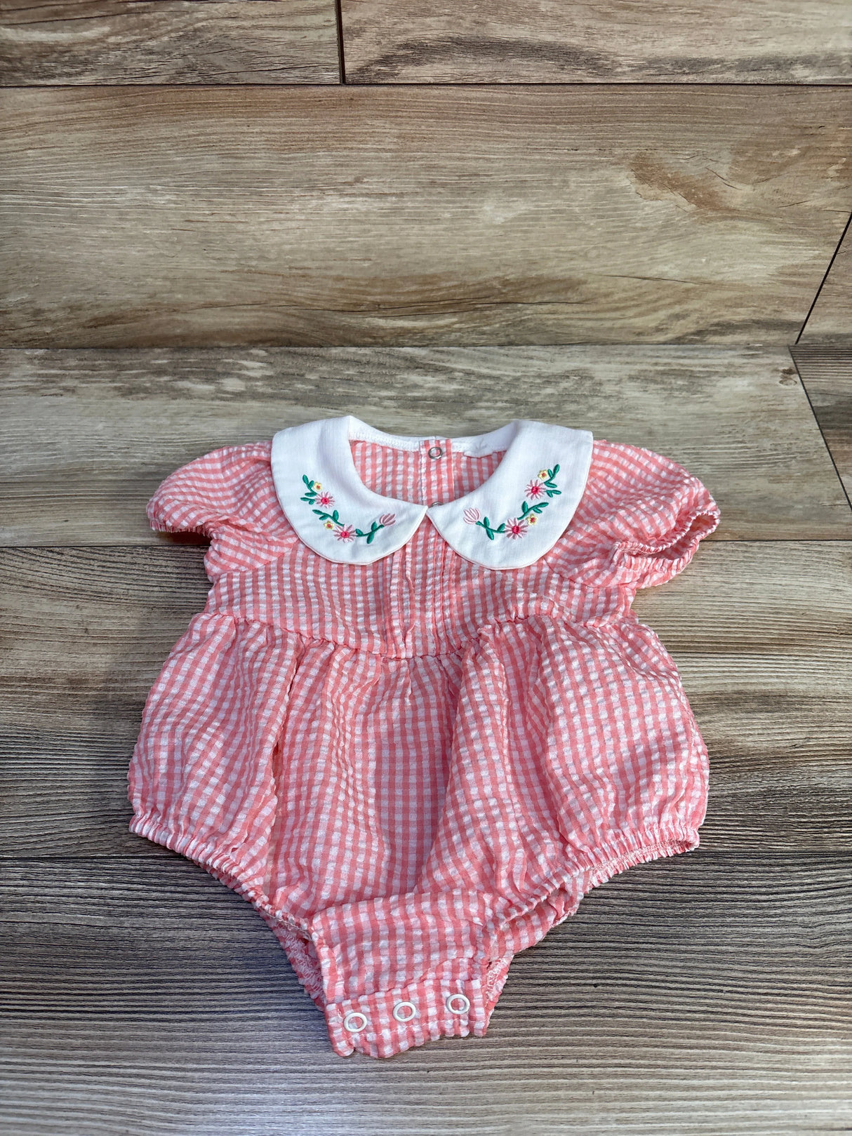 Shein Gingham Embroidered Collar Bubble Romper Pink sz 6-12m