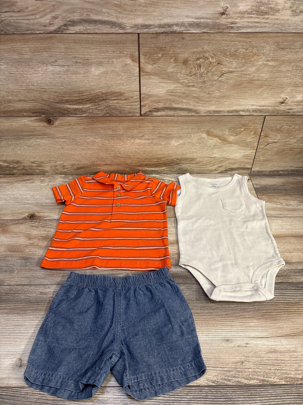 NEW Carter's 3pc Polo Shirt, Bodysuit, & Shorts Set Orange sz 12m