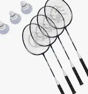 Flat lay of four black badminton rackets showing mesh heads and black grips with three white shuttlecocks on white background