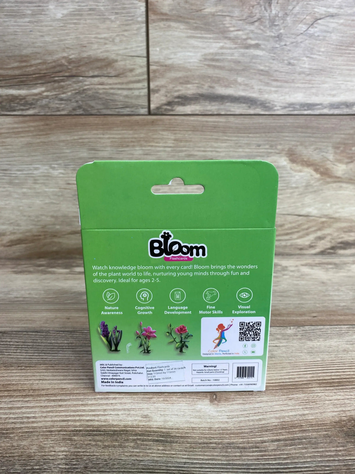 Back of Bloom flashcards box for kids, green packaging with icons and flower illustrations