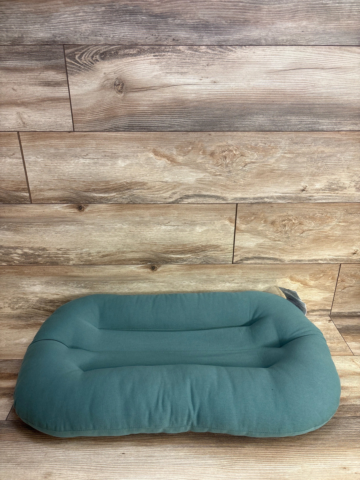 Teal rectangular cushion on wood floor background, cozy pillow for pets or home decor