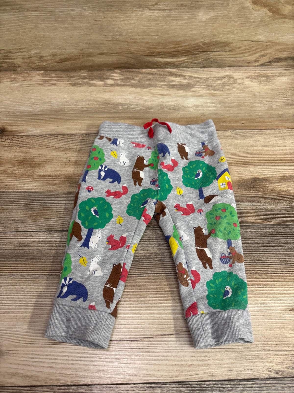 Grey Mini Boden woodland animal print drawstring joggers for baby size 9-12m