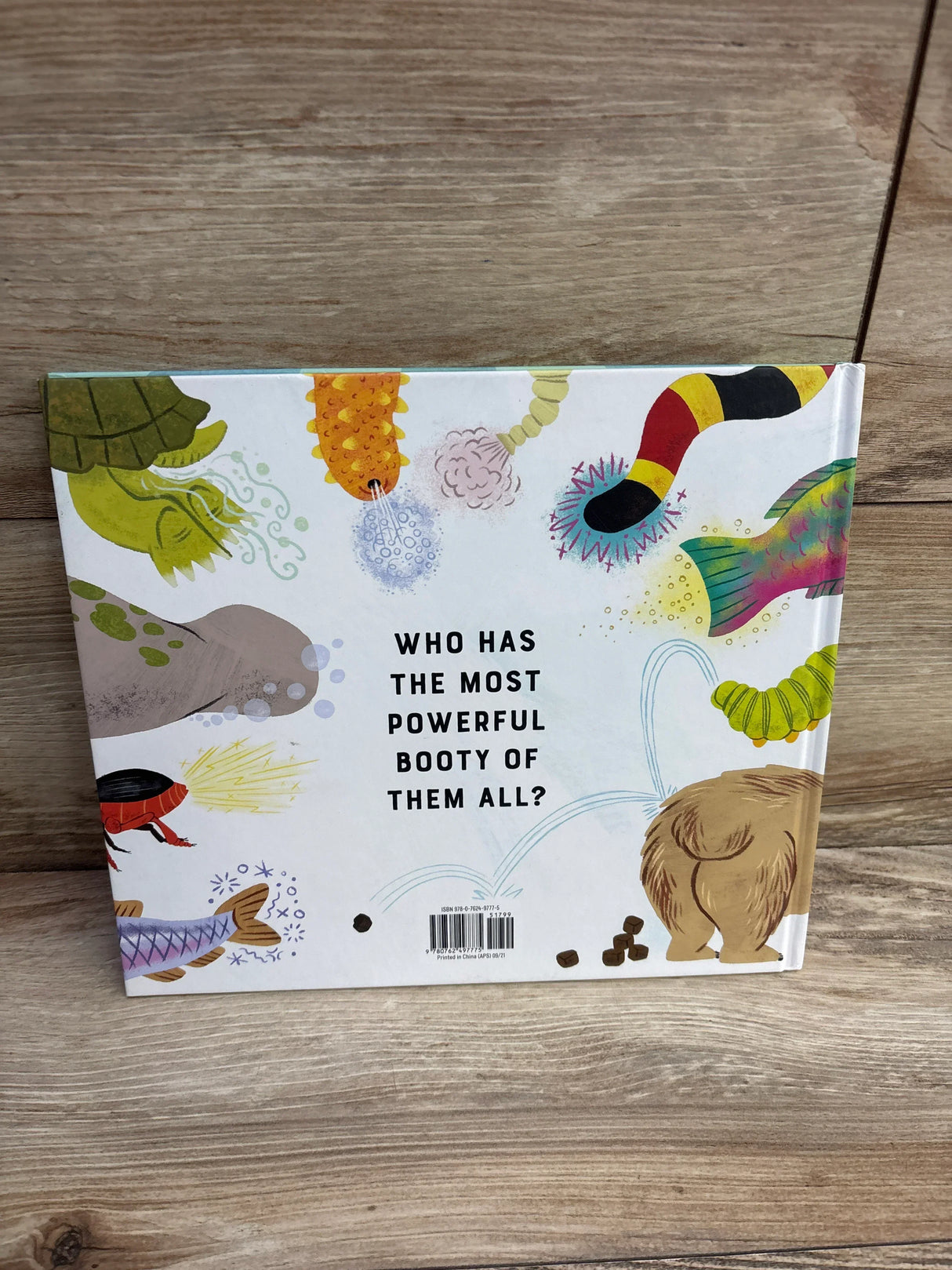 Children’s book back cover with colorful animal illustrations and playful text about animals.