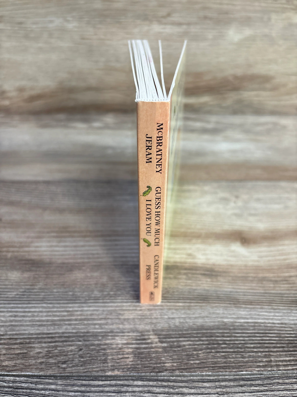 Guess How Much I Love You book spine on wood surface, McBratney Jeram, Candlewick Press