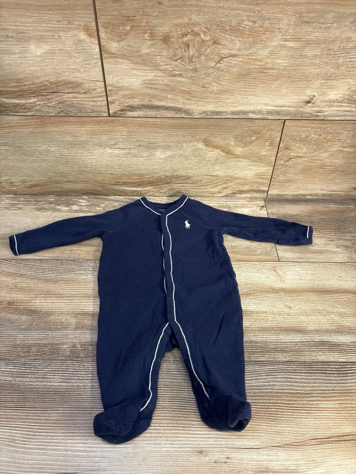 Front view of navy Ralph Lauren cotton jersey footed coverall, size 3m, with embroidered Pony and white piping