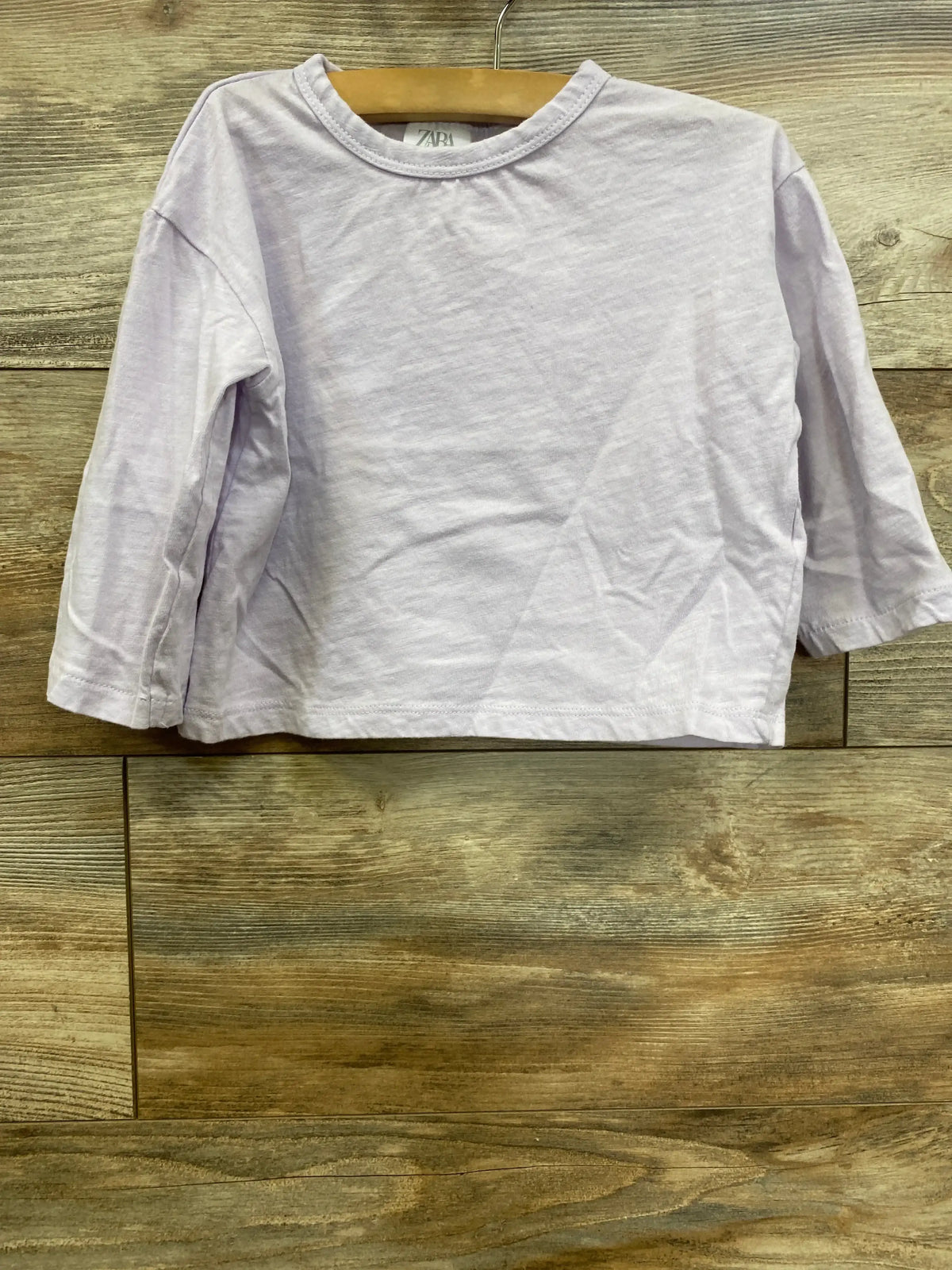 Front view of Zara pink long-sleeve toddler shirt (12–18 months) showing crew neckline on wooden hanger against wood background