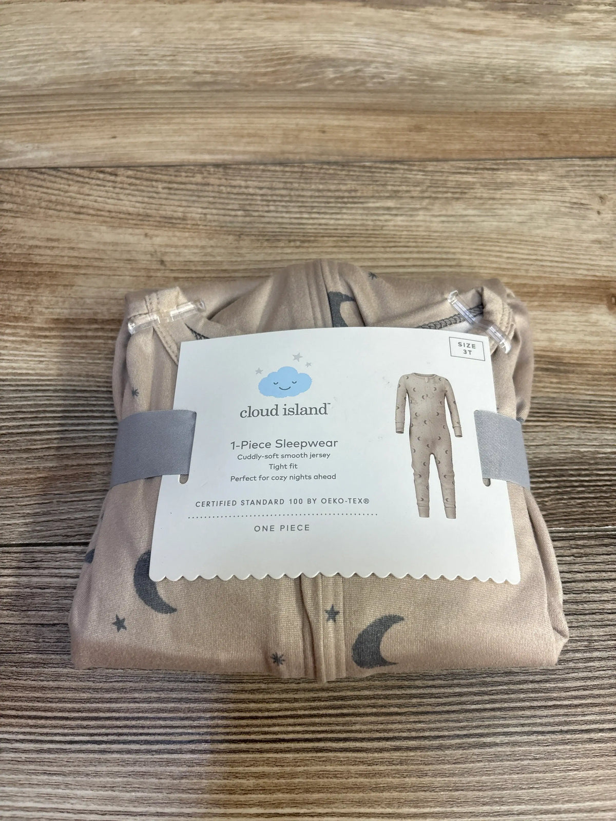Tan Cloud Island 1-piece moon print baby sleepwear, size 3T, folded with original tag.