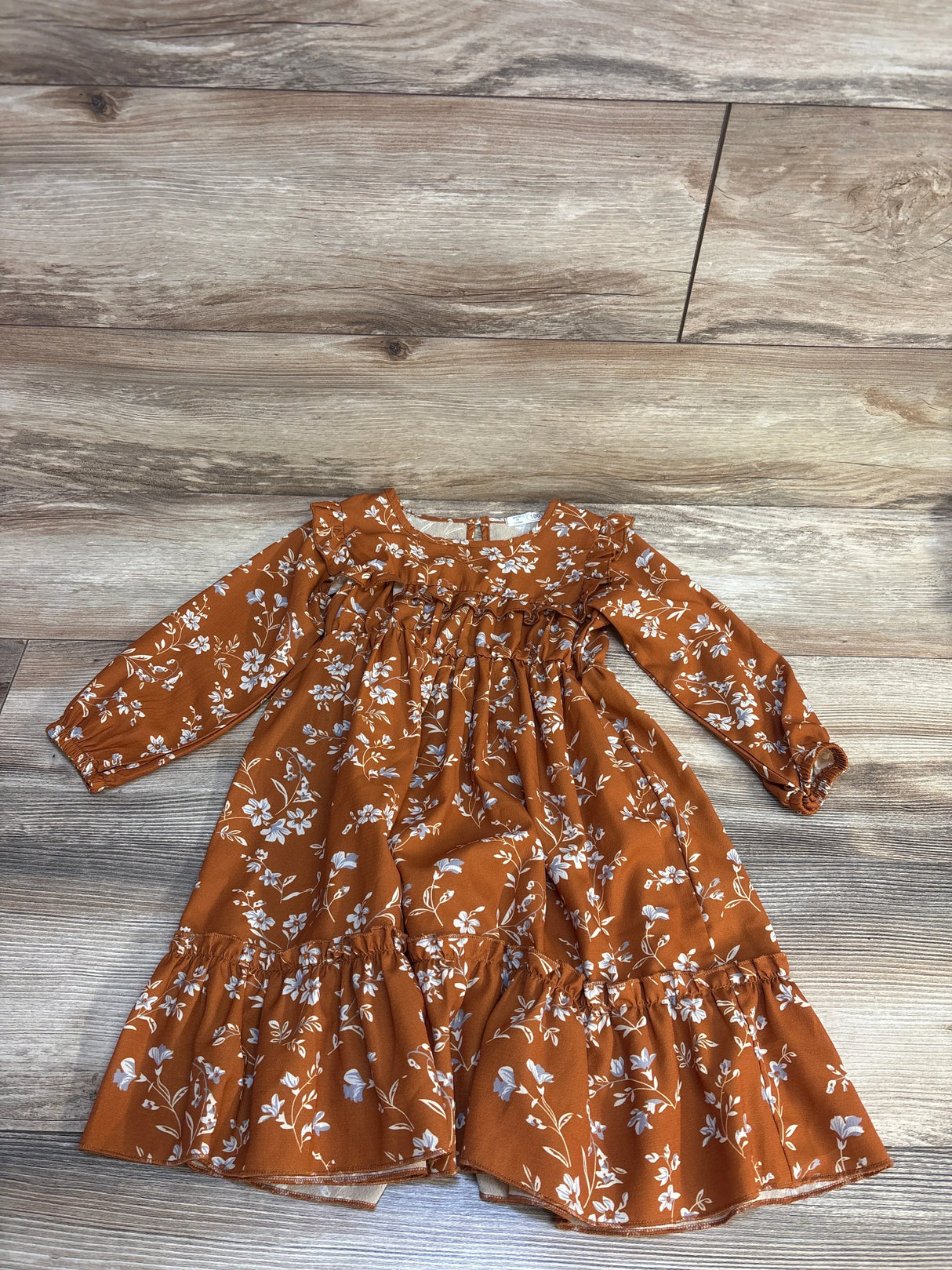 Rust floral baby dress with ruffles, long sleeves, perfect for toddler girls' spring outfits