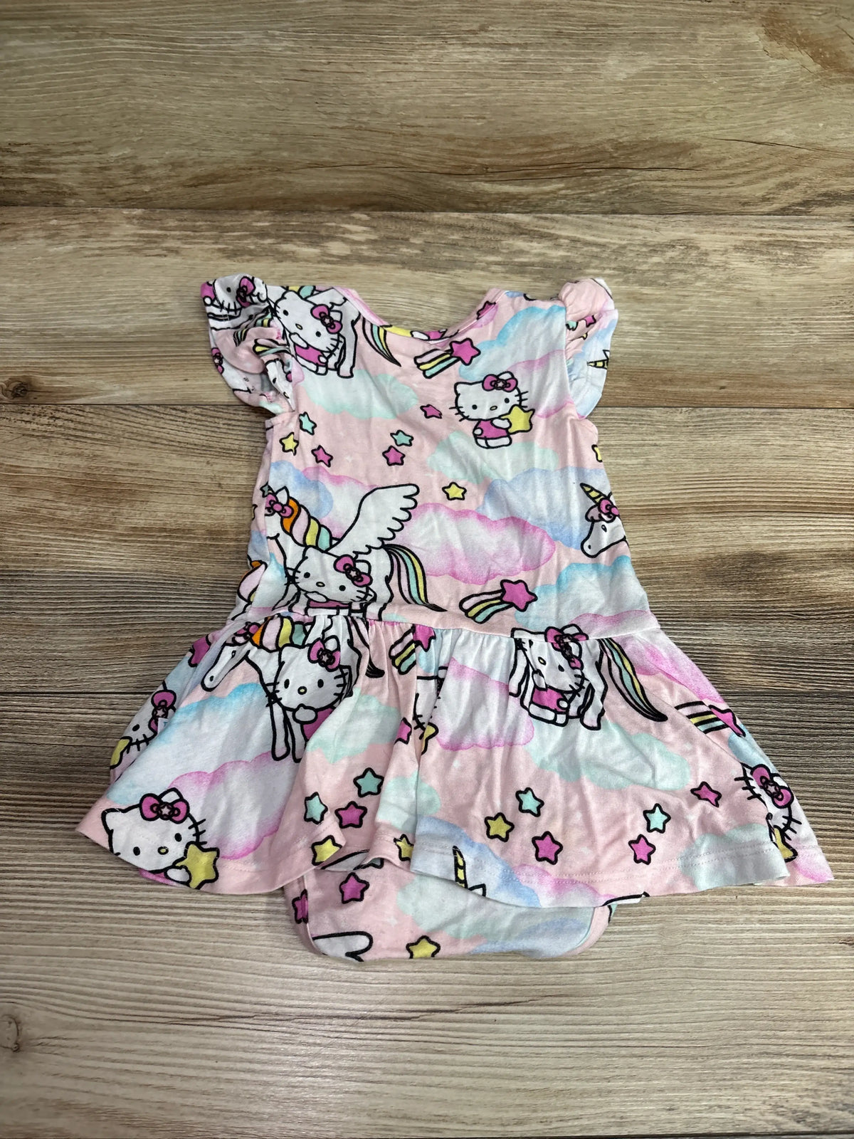 Pink Hello Kitty bamboo twirl skirt bodysuit dress for infants with unicorn print