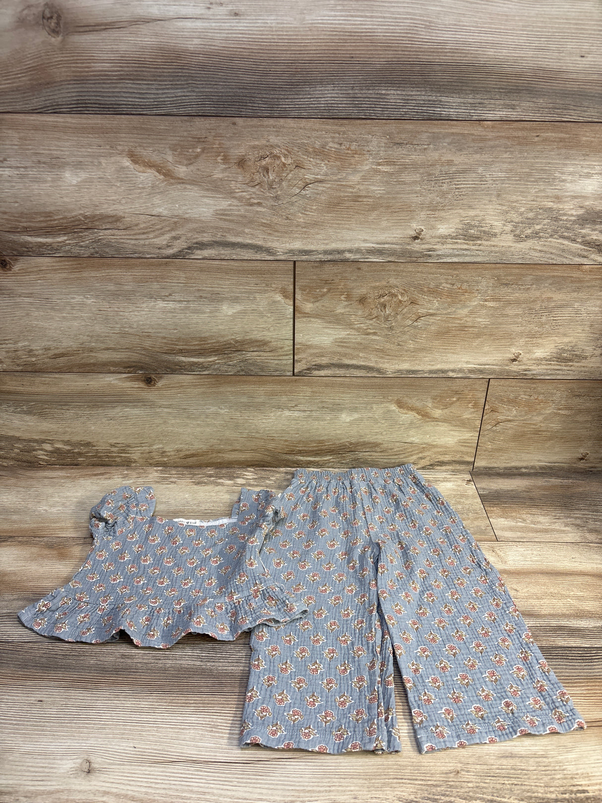 Rabbit + Bear Organic 2pc Floral Gauze Top & Pants Set Slate Blue sz 3T