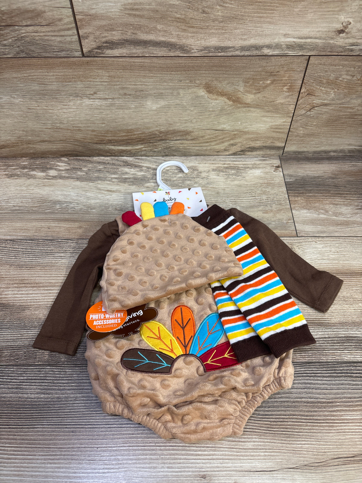 NEW Baby Starters 4pc Thanksgiving Turkey Romper, Shirt, Hat, & Tights Brown sz 3m